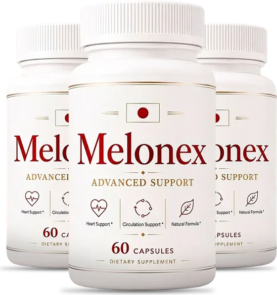 Three white Melonex bottles of 60 capsules with cream labels and maroon wordmarks
