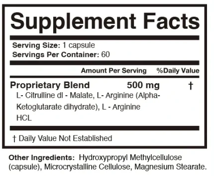 The Melonex Supplement Facts panel: serving size 1 capsule, 60 servings, one Proprietary Blend of 500 mg with three names, the note that Daily Value is not established and the other ingredients