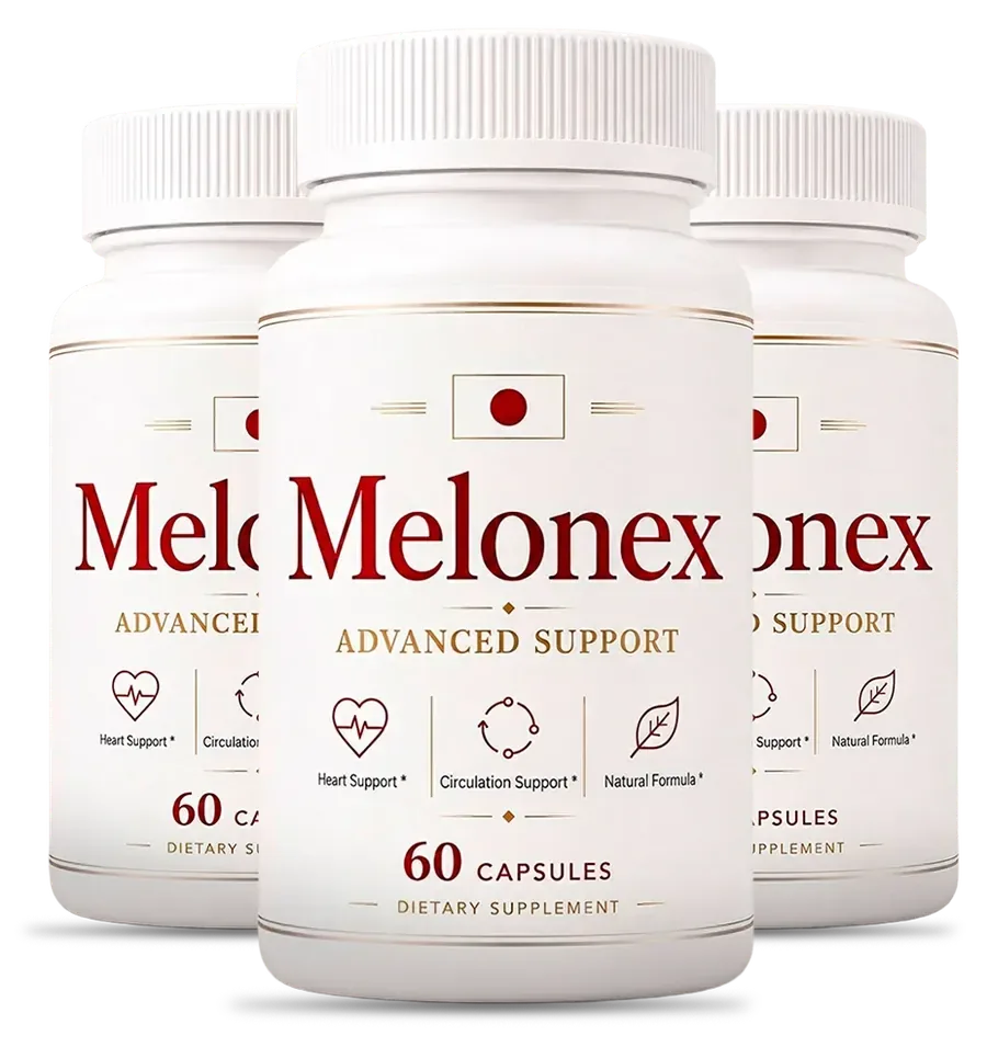 3 white Melonex capsule bottles with a cream label and a maroon wordmark