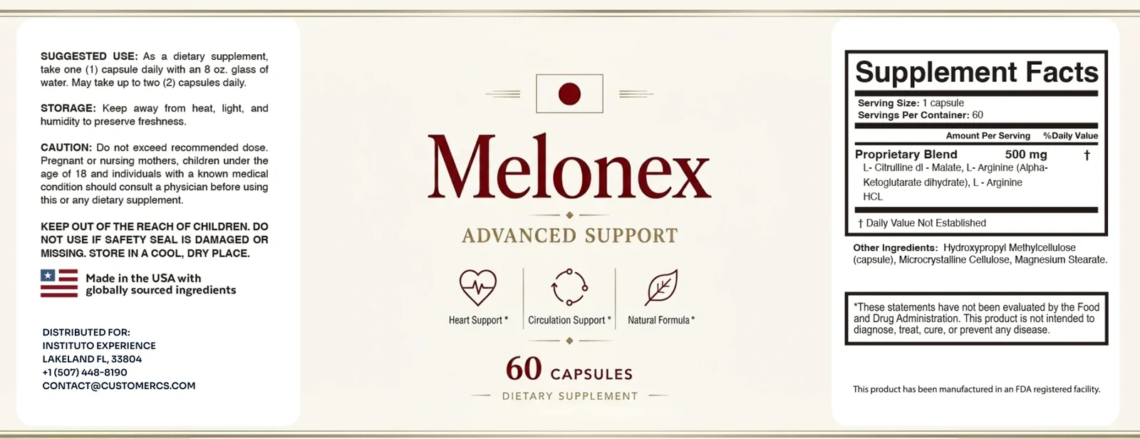 The flat Melonex label: suggested use, storage, caution and distributor on the left; the maroon Melonex wordmark, Advanced Support and three starred icons in the middle; Supplement Facts on the right