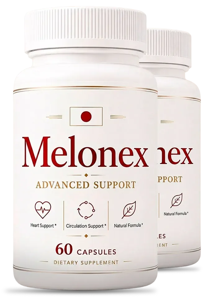 2 white Melonex capsule bottles with a cream label and a maroon wordmark