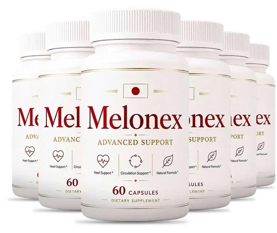 6 white Melonex capsule bottles with a cream label and a maroon wordmark